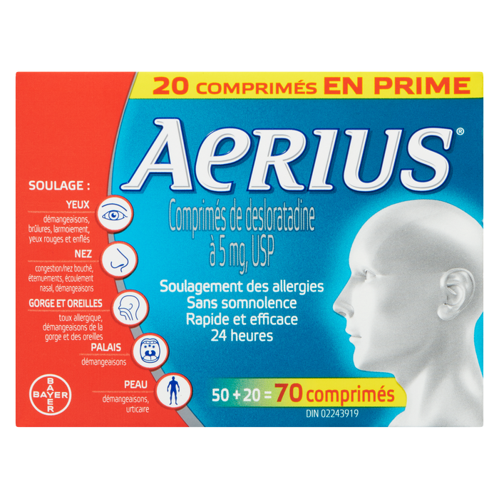 Comprimés de desloratadine Aerius USP, 5 mg 50 + 20 comprimés en prime (70 comprimés)