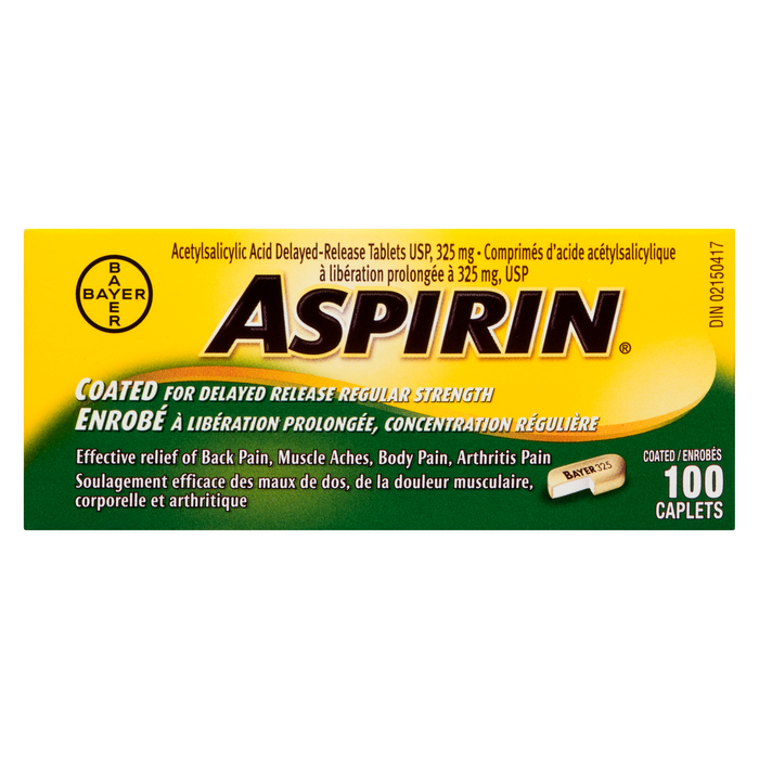 ASPIRIN Acetylsalicylic Acid Delayed-Release Tablets USP 325 mg Coated 100 Caplets