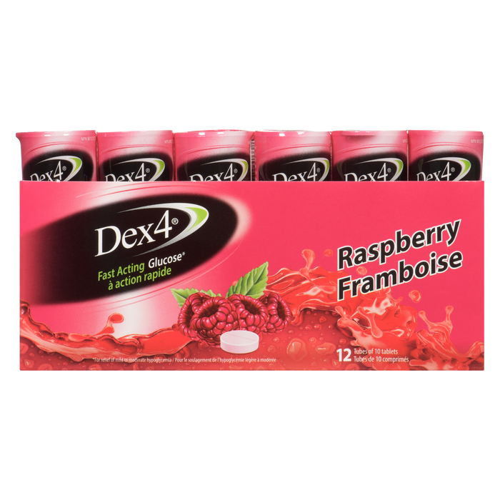 Dex4 Glucose à action rapide Framboise 12 tubes de 10 comprimés