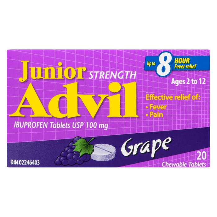 Comprimés d'ibuprofène Advil Junior Strength USP 100 mg Raisin 2 à 12 ans 20 comprimés à croquer