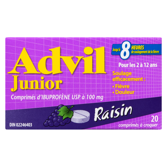 Comprimés d'ibuprofène Advil Junior Strength USP 100 mg Raisin 2 à 12 ans 20 comprimés à croquer