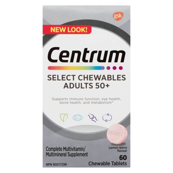 Centrum Complete Multivitamin Multimineral Supplement Select Chewables Adults 50+ Lemon-Berry Flavour 60 Chewable Tablets