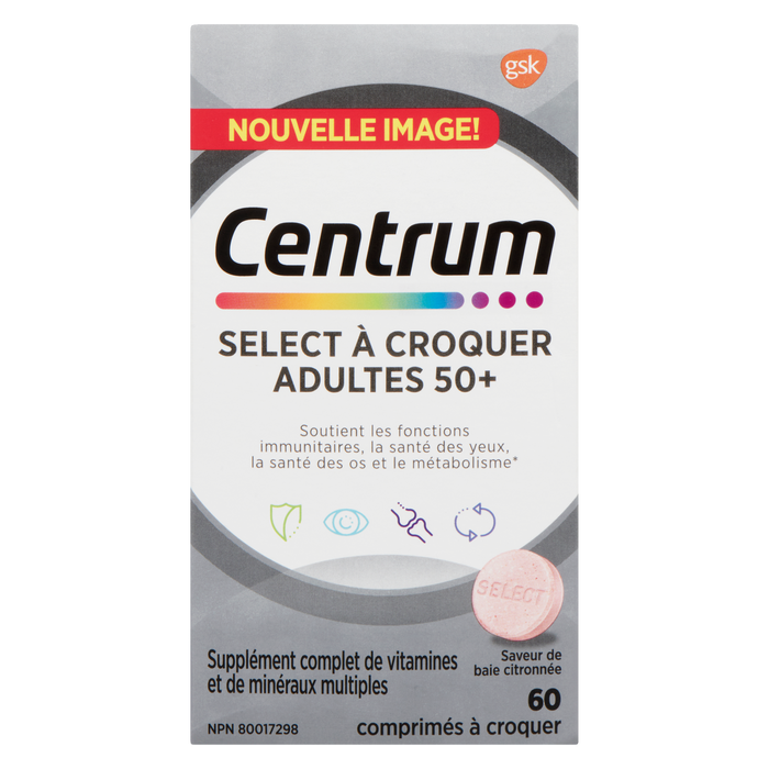 Complément multivitaminé et multiminéral complet Centrum Select Comprimés à croquer pour adultes de 50 ans et plus, saveur citron-baies, 60 comprimés à croquer