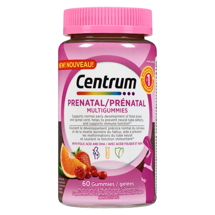 Centrum MultiGummies Supplément multivitaminé et multiminéral prénatal Saveurs de baies mélangées et d'orange 60 Gummies