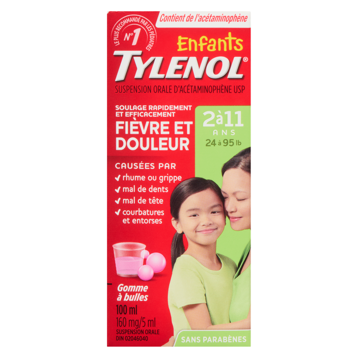 TYLENOL Suspension orale d'acétaminophène pour enfants USP Suspension liquide Bubble Gum 2-11 ans 100 ml
