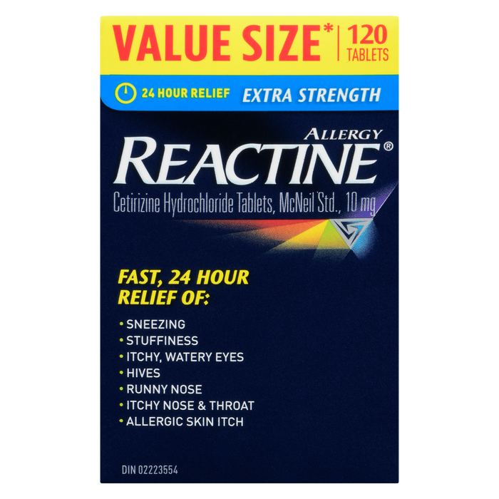 Comprimés de chlorhydrate de cétirizine contre les allergies REACTINE, norme McNeil, 10 mg, format économique extra-fort, 120 comprimés