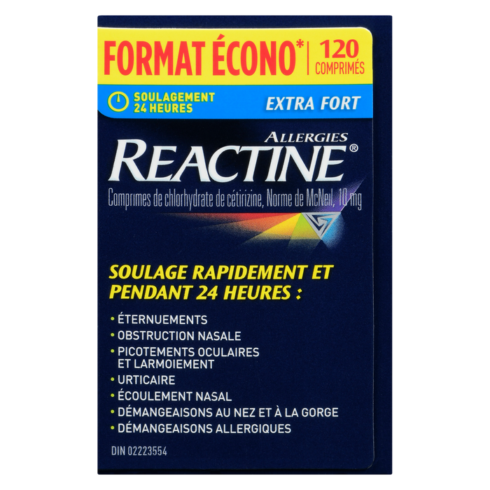 Comprimés de chlorhydrate de cétirizine contre les allergies REACTINE, norme McNeil, 10 mg, format économique extra-fort, 120 comprimés