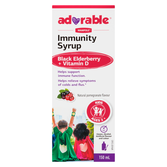 Adorable Immunity Syrup Black Elderberry + Vitamin D Kids Ages 2 + 150 ml