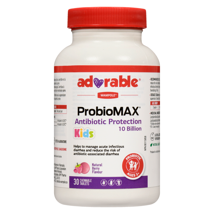 Adorable antibiotique de protection ProbioMAX, saveur naturelle de baies, probiotique pour enfants de 3 ans et plus, 30 comprimés à croquer