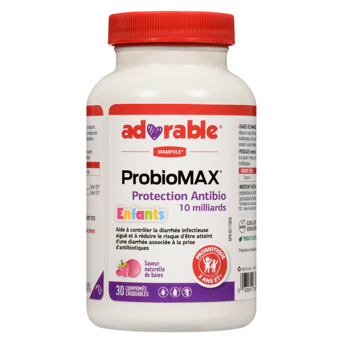 Adorable antibiotique de protection ProbioMAX, saveur naturelle de baies, probiotique pour enfants de 3 ans et plus, 30 comprimés à croquer