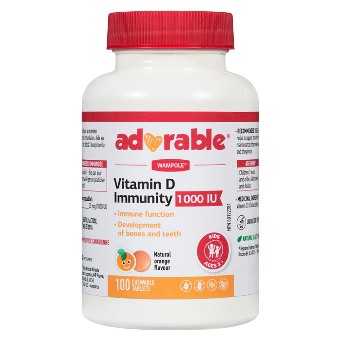 Adorable Vitamin D Immunity 1000 IU Natural Orange Flavour Kids Ages 3 + 100 Chewable Tablets