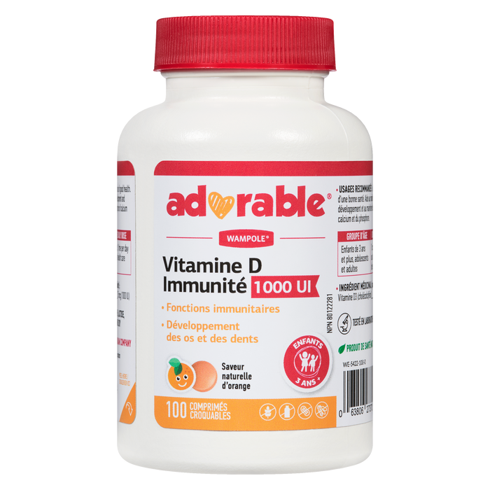 Adorable vitamine D Immunité 1000 UI Saveur naturelle d'orange Enfants 3 ans et plus 100 comprimés à croquer