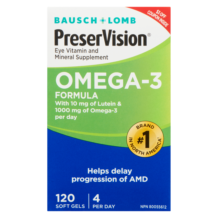 Bausch + Lomb PreserVision Eye Vitamin and Mineral Supplement Omega - 3 Formula 120 Soft Gels