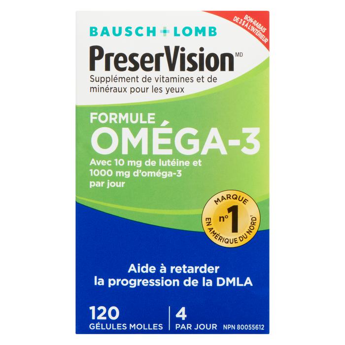 Bausch + Lomb PreserVision Supplément de vitamines et de minéraux pour les yeux Formule oméga-3 120 gélules molles