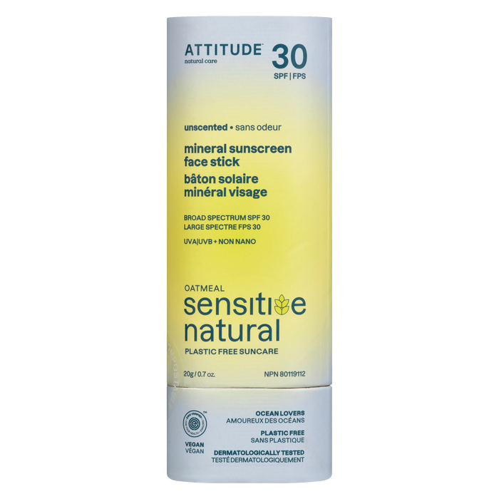 ATTITUDE Stick solaire minéral naturel pour le visage à l'avoine et aux peaux sensibles SPF 30 20 g