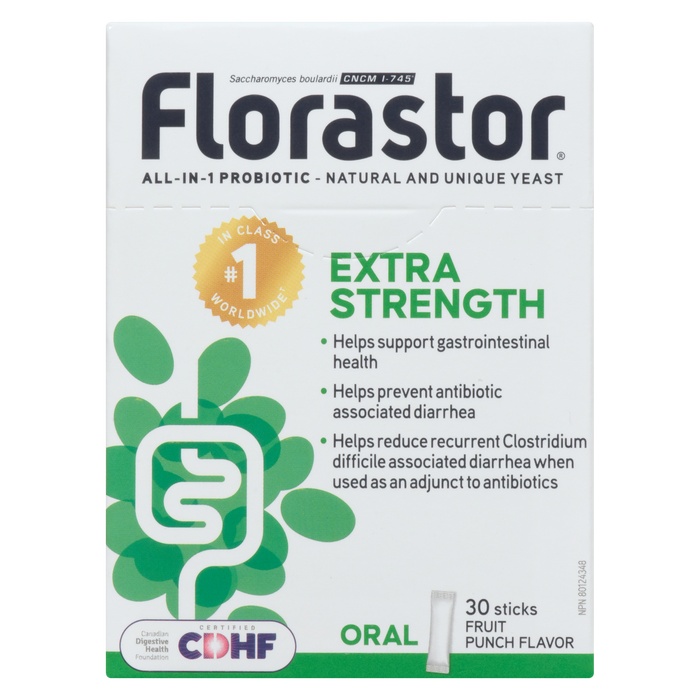 Florastor All-in-1 Probiotic Fruit Punch Flavor Extra Strength 30 Sticks