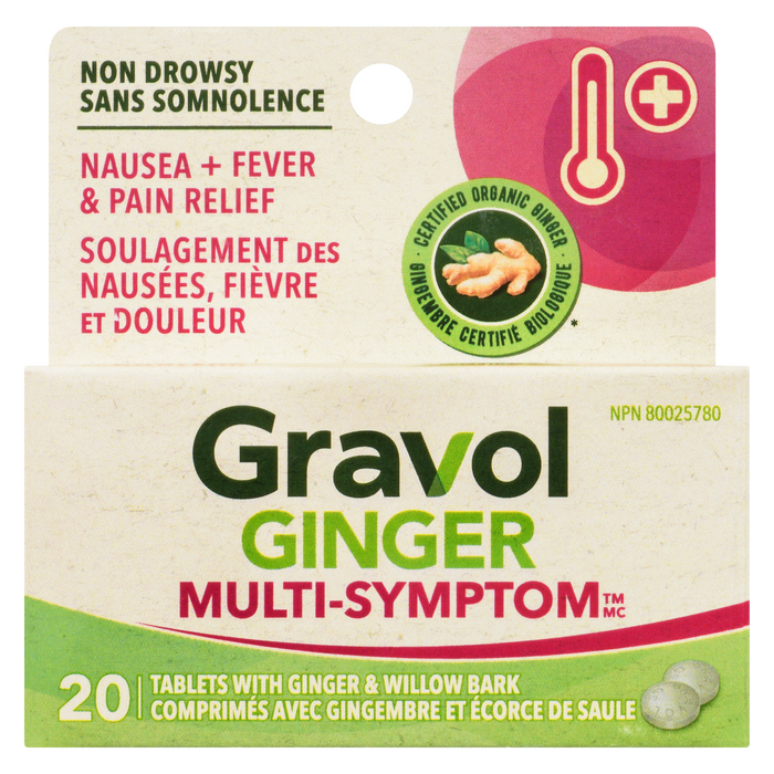 Gravol Ginger Multi-Symptom 20 comprimés avec gingembre et écorce de saule