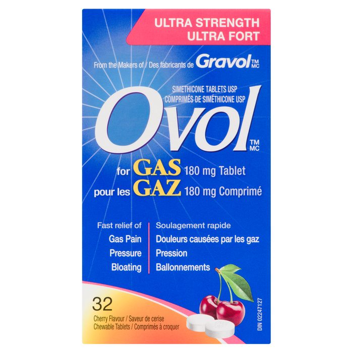 Comprimés de siméthicone Ovol USP pour gaz Comprimé de 180 mg Saveur cerise Ultra fort 32 comprimés à croquer