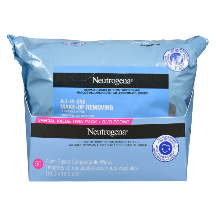 Lingettes nettoyantes démaquillantes tout-en-un Neutrogena, lot de 2, 50 lingettes compostables à base de plantes