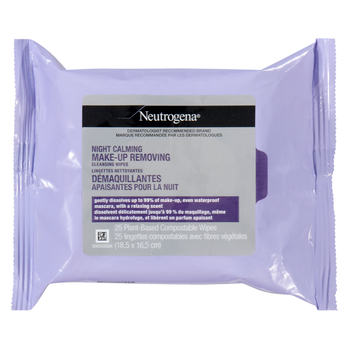 Lingettes nettoyantes démaquillantes apaisantes de nuit de Neutrogena 25 lingettes compostables à base de plantes