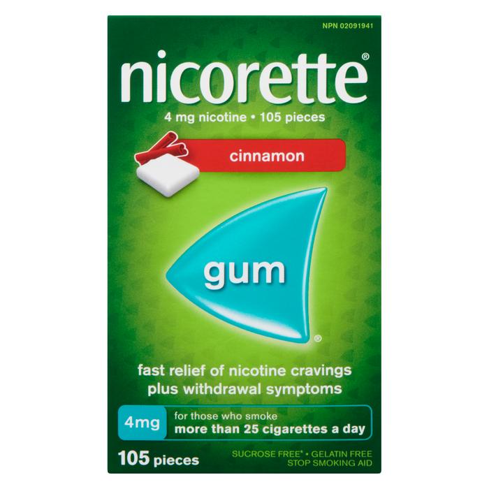 Gomme à mâcher Nicorette pour arrêter de fumer 4 mg de nicotine et cannelle 105 pièces