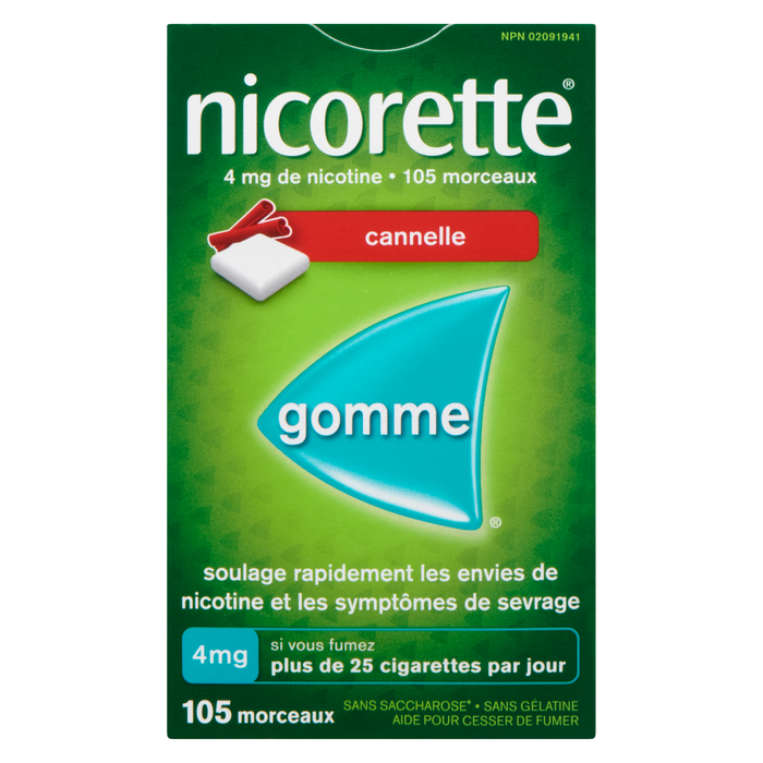 Gomme à mâcher Nicorette pour arrêter de fumer 4 mg de nicotine et cannelle 105 pièces