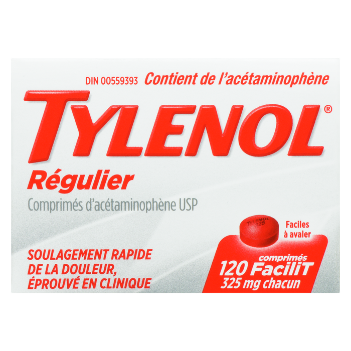 Comprimés d'acétaminophène Tylenol USP à concentration régulière 325 mg chacun 120 eZtabs