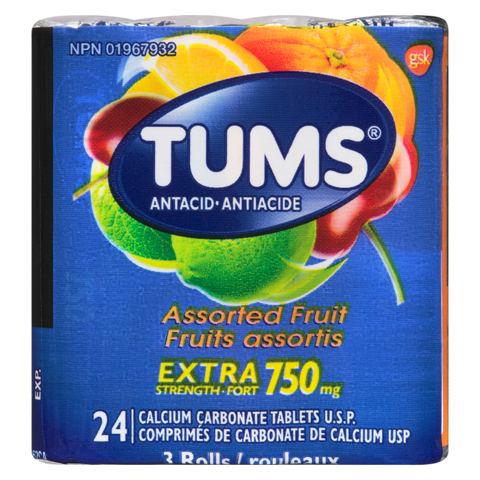 TUMS Antiacide Fruits Assortis Extra Fort 750 mg 3 Rouleaux 24 Comprimés de Carbonate de Calcium USP