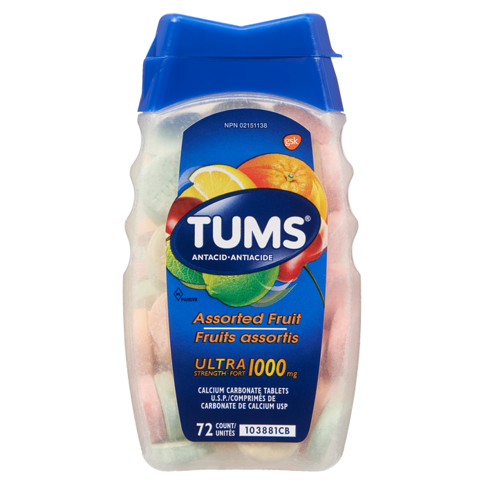 Tums Calcium Carbonate Tablets U.S.P. Assorted Fruit Ultra Strength 1000 mg 72 Count