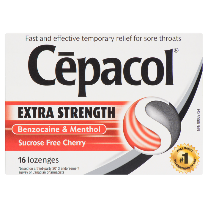 Cēpacol Extra Strength Sans Sucrose Cerise Benzocaïne &amp; Menthol 16 Pastilles