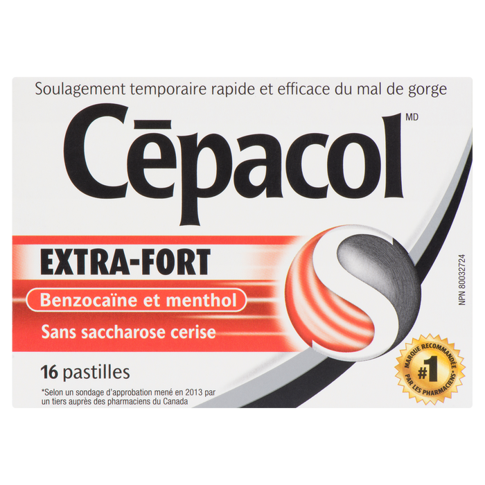 Cēpacol Extra Strength Sucrose Free Cherry Benzocaine & Menthol 16 Lozenges