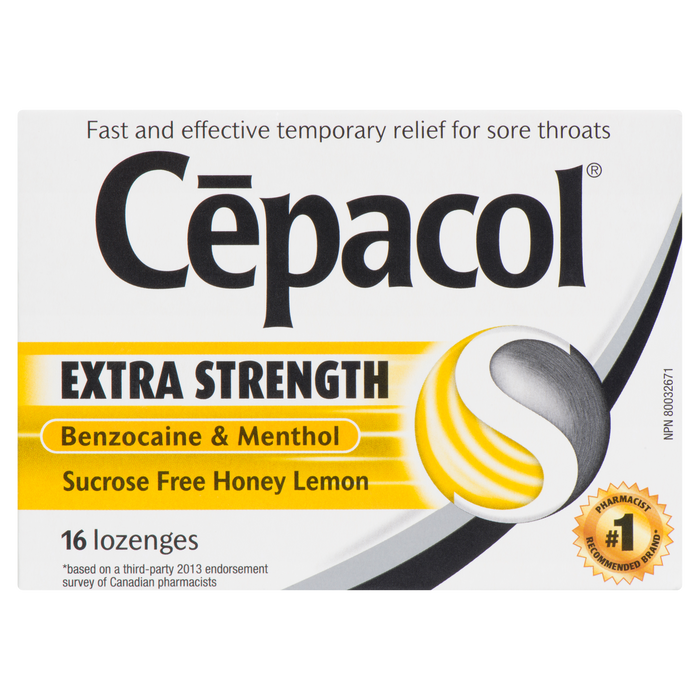 Cēpacol Benzocaïne et menthol Extra Fort Sans Sucrose Miel Citron 16 Pastilles