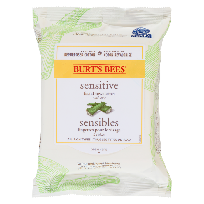 Burt's Bees Sensitive Facial Towelettes with Aloe 30 Pre-Moistened Towelettes