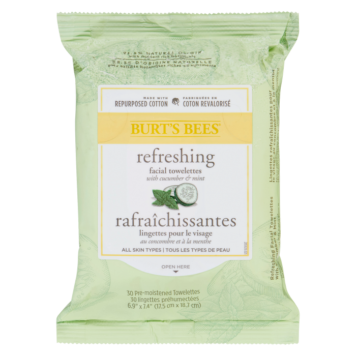 Lingettes rafraîchissantes pour le visage Burt's Bees au concombre et à la menthe 30 lingettes préhumidifiées