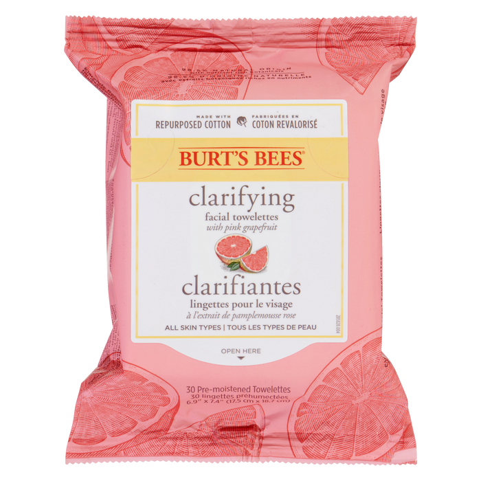 Burt's Bees Clarifying Facial Towelettes with Pink Grapefruit 30 Pre-Moistened Towelettes