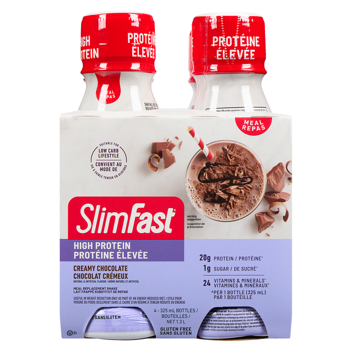 SlimFast Shake substitut de repas riche en protéines Chocolat crémeux 4 bouteilles x 325 ml (1,3 L)