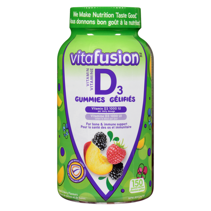 Vitafusion Vitamine D3 Saveurs Pêche et Baies 150 Gommes Vitaminées