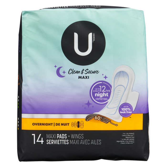 Serviettes hygiéniques U by Kotex Clean &amp; Secure Overnight 14 Maxi + ailes