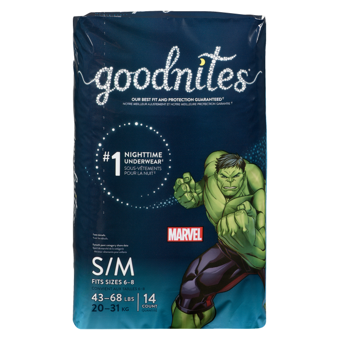 Sous-vêtements de nuit Goodnites pour garçons S/M 20-31 kg, 14 unités