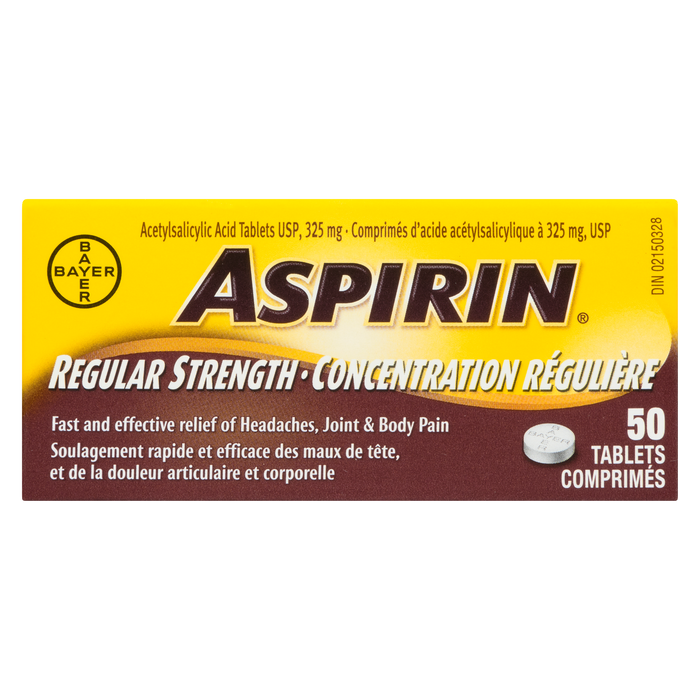 Comprimés d'acide acétylsalicylique ASPIRIN USP, 325 mg, concentration régulière, 50 comprimés