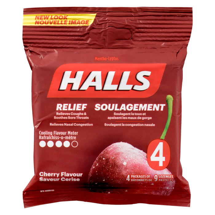 Halls Relief Mentho-Lyptus Saveur Cerise 4 Paquets de 9 Pastilles