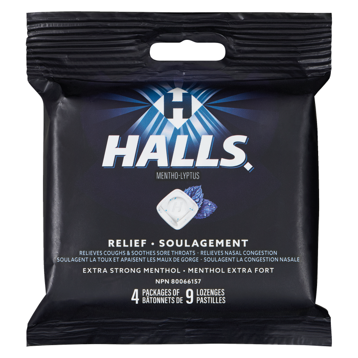 Halls Relief Mentho-Lyptus Extra Strong Menthol 4 Packages of 9 Lozenges