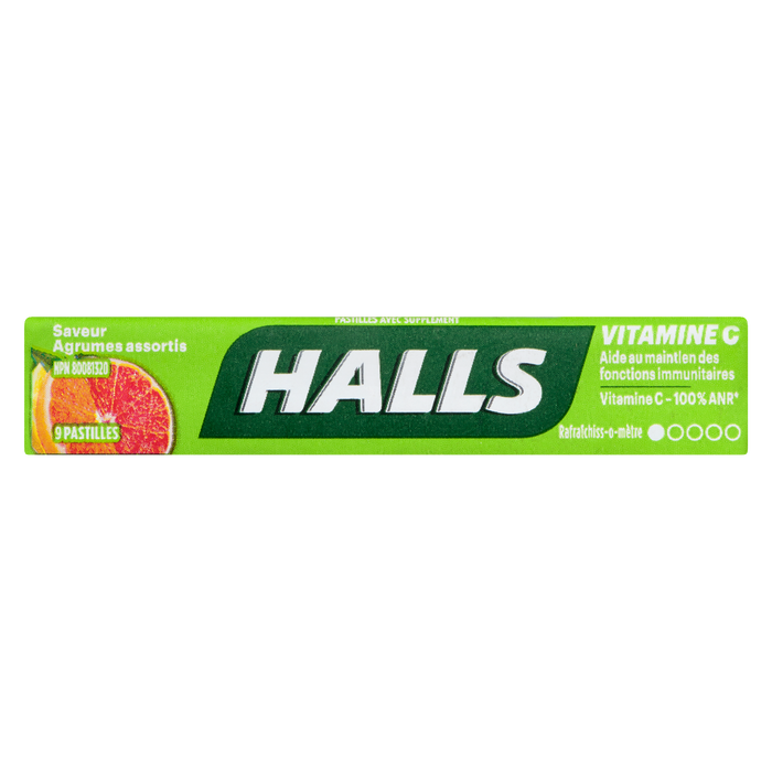 Halls Complément alimentaire à la vitamine C, saveurs d'agrumes variées, 9 pastilles