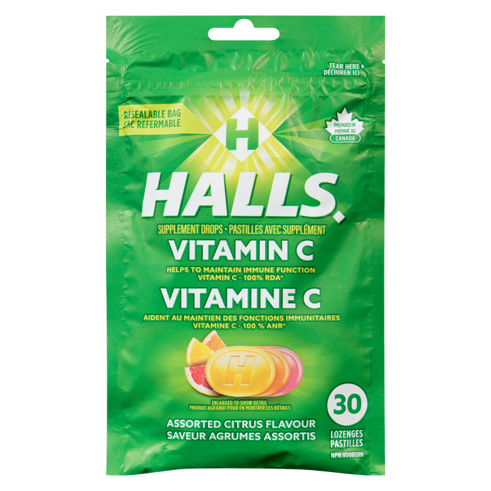 Halls Complément alimentaire à la vitamine C, saveurs d'agrumes variées, 30 pastilles