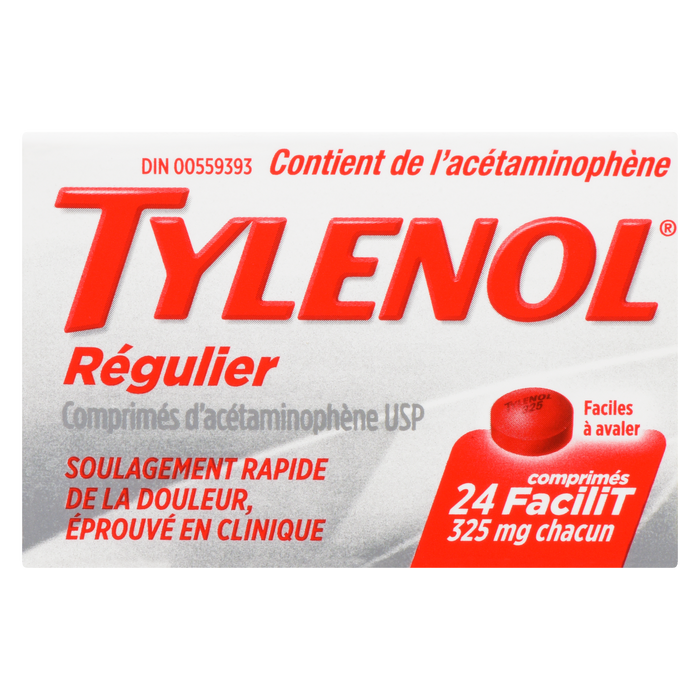 Comprimés d'acétaminophène Tylenol USP à concentration régulière 325 mg chacun 24 eZtabs