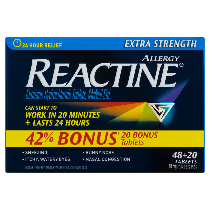 Comprimés de chlorhydrate de cétirizine Reactine Allergy, norme McNeil, extra fort, 10 mg, 48 + 20 comprimés