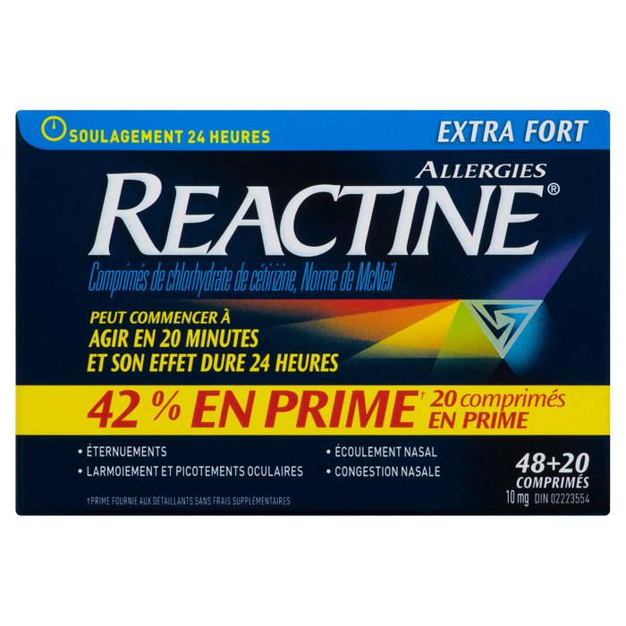 Comprimés de chlorhydrate de cétirizine Reactine Allergy, norme McNeil, extra fort, 10 mg, 48 + 20 comprimés