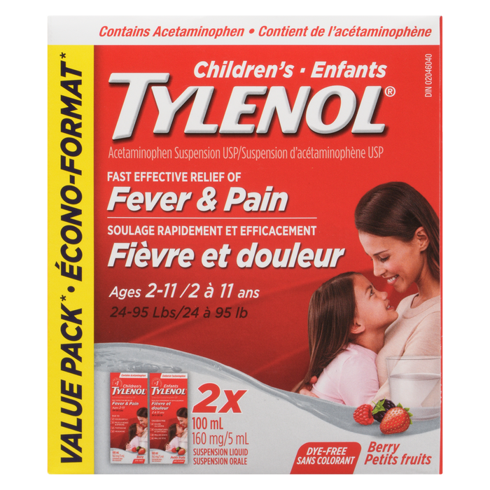 Tylenol Suspension liquide pour enfants Fièvre et douleur 2 à 11 ans Paquet économique aux baies 2 x 100 ml