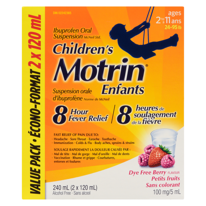 Motrin Suspension buvable d'ibuprofène pour enfants 100 mg/5 ml Sans colorant Saveur de baies De 2 à 11 ans Paquet économique 2 x 120 ml (240 ml)