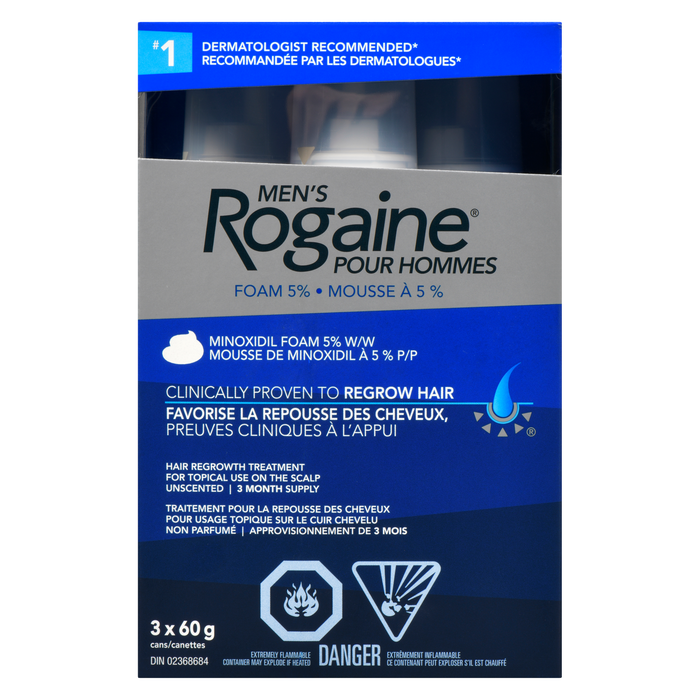 Traitement de repousse des cheveux pour hommes Rogaine Mousse Minoxidil 5 % p/p non parfumée 3 boîtes x 60 g